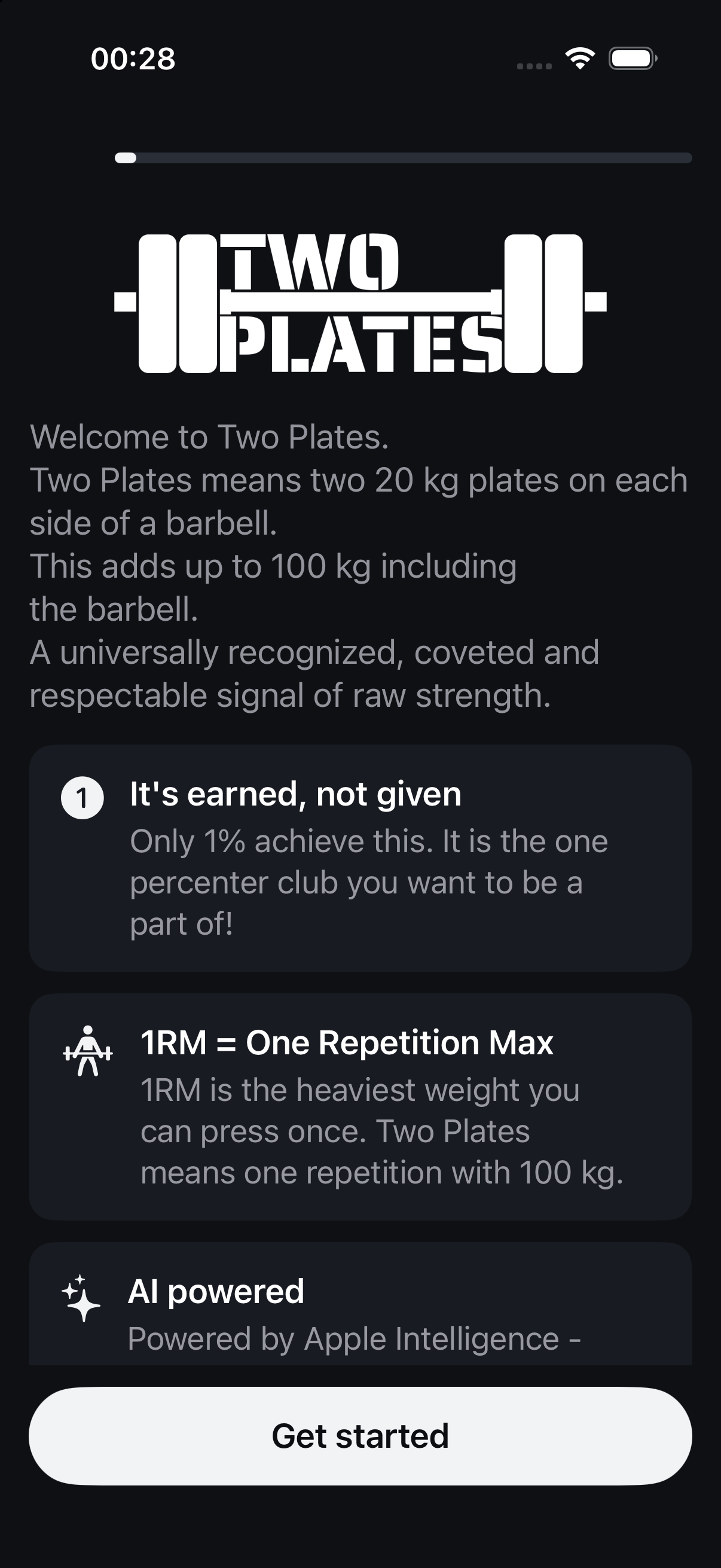 Two Plates onboarding explaining the two-plate bench press goal